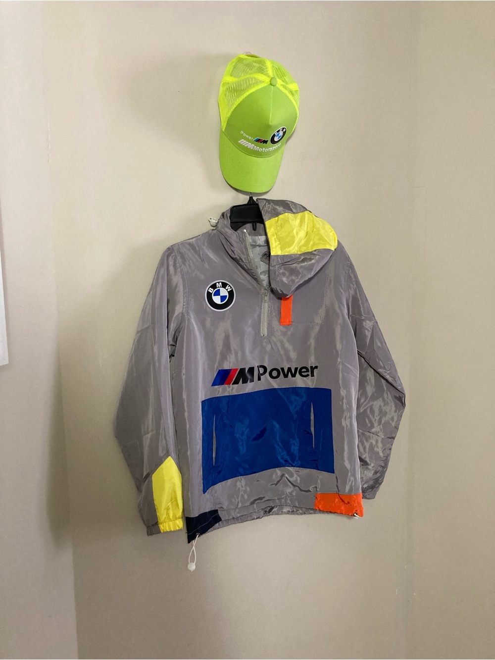 BMW Gray Windbreaker Jacket with Blue and Neon Yellow Accents